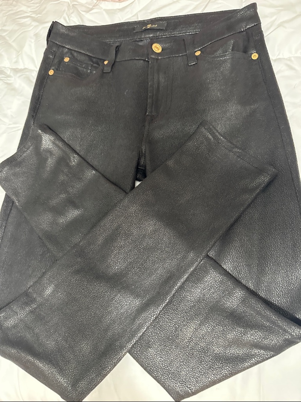 7 For All Mankind Black Textured Leather Pants with Gold Button